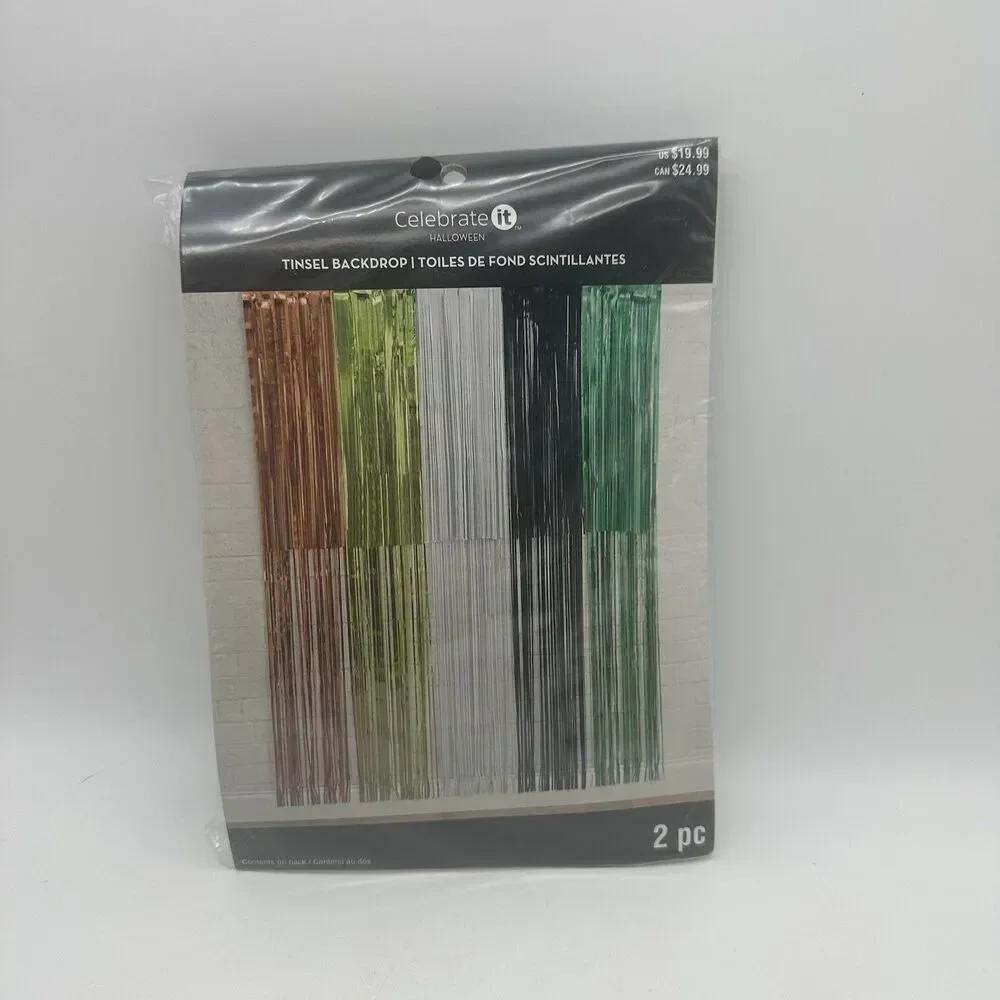 Celebrate It Halloween Tinsel Backdrop 2 Pc Metallic Fringe Orange Green Black